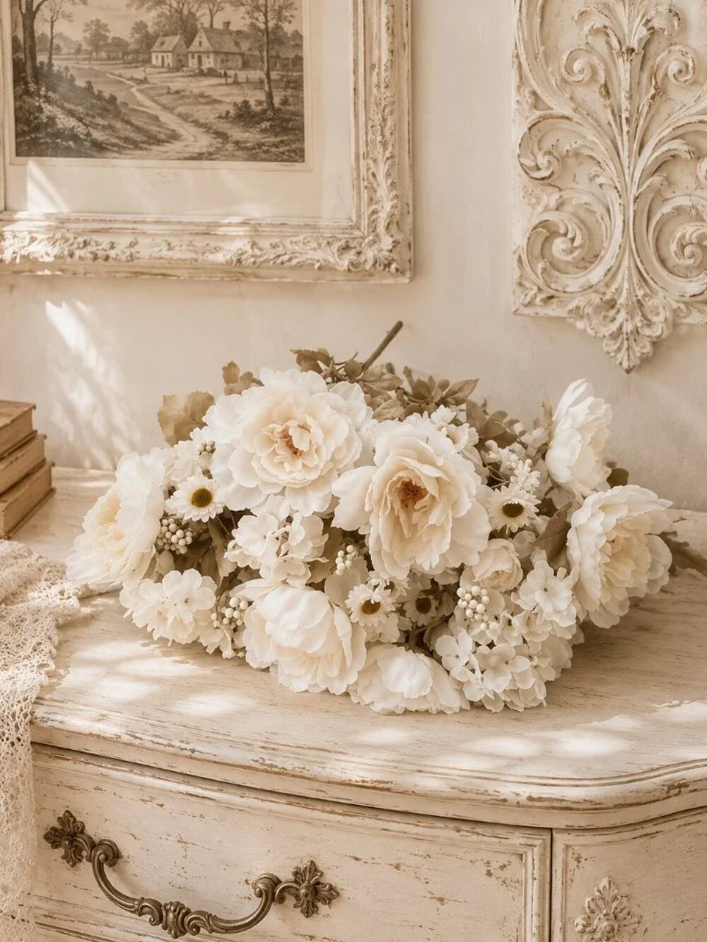 Set of 4 Delicate Cream Peonies Hydrangeas Mixed Flowers Bouquets